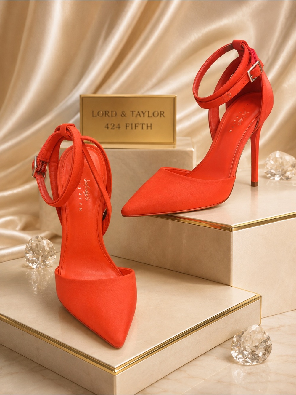 Lord & Taylor Red-Orange Satin Pointed-Ankle Strap Stilettos